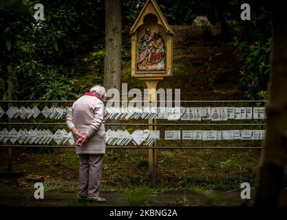 Un croyant aîné est vu prier dans la grotte de Lourdes à Oostakker - Belgique le 08 mai 2020. Normalement, en mai, il est très occupé dans et autour de la cité de pèlerinage, en l'honneur de notre Dame de Lourdes réputée avoir des propriétés de guérison. Par la crise de la couronne (COVID19) aucun événement n'a lieu en raison d'un verrouillage strict à travers la Belgique pour arrêter la propagation de la pandémie de COVID-19, causée par le nouveau coronavirus. Les croyants sont autorisés à se promener et à prier et à allumer une bougie dans la basilique. Une grotte de Lourdes est une réplique de la grotte originale de Lourdes en France. (Photo de Jonathan Raa/NurPhoto) Banque D'Images