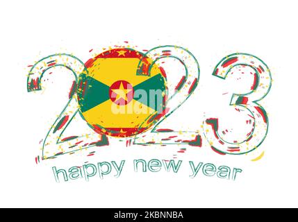2023 ans dans le style grunge avec drapeau de la Grenade. Illustration du vecteur grunge des fêtes. Illustration de Vecteur
