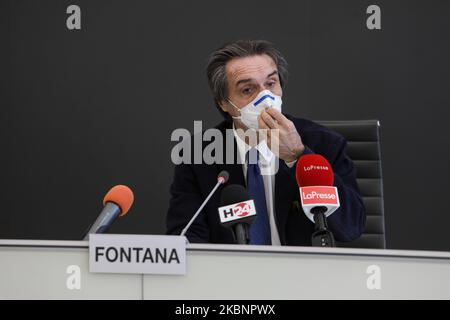 Attilio Fontana lors de la conférence de presse en Lombardie pour le programme #ripartilombardia au Palazzo Pirelli, Milan, Italie, 14 mai 2020. #Ripartilombardia est un programme opérationnel conçu pour la relance du secteur du tourisme italien, un secteur très touché par l'urgence du coronavirus. (Photo par Mairo Cinquetti/NurPhoto) Banque D'Images