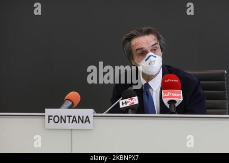 Attilio Fontana lors de la conférence de presse en Lombardie pour le programme #ripartilombardia au Palazzo Pirelli, Milan, Italie, 14 mai 2020. #Ripartilombardia est un programme opérationnel conçu pour la relance du secteur du tourisme italien, un secteur très touché par l'urgence du coronavirus. (Photo par Mairo Cinquetti/NurPhoto) Banque D'Images