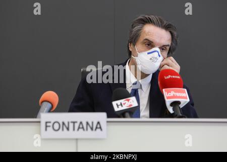 Attilio Fontana lors de la conférence de presse en Lombardie pour le programme #ripartilombardia au Palazzo Pirelli, Milan, Italie, 14 mai 2020. #Ripartilombardia est un programme opérationnel conçu pour la relance du secteur du tourisme italien, un secteur très touché par l'urgence du coronavirus. (Photo par Mairo Cinquetti/NurPhoto) Banque D'Images