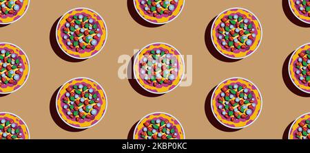 Délicieuse pizza sur une assiette sur une table, illustration vectorielle de style plat, motif sans couture Illustration de Vecteur