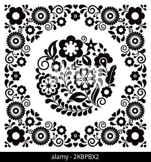 Motif floral rond vectoriel de style art populaire mexicain dans un cadre, carte de vœux noir et blanc ou motif d'invitation de mariage inspiré de l'embroi traditionnel Illustration de Vecteur