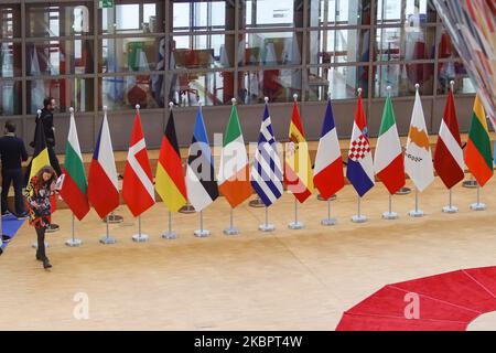 Drapeaux de l'Europe ou drapeau européen est le symbole du Conseil de l'Europe le Conseil de l'Europe et de l'Union européenne comme vu avec les drapeaux nationaux des nations européennes dans le bâtiment Forum Europa de la capitale belge Bruxelles. Le drapeau de l'UE a été conçu par Arsène Heitz et Paul M. G. Lévy. Bruxelles, Belgique - 21 février 2020 (photo de Nicolas Economou/NurPhoto) Banque D'Images