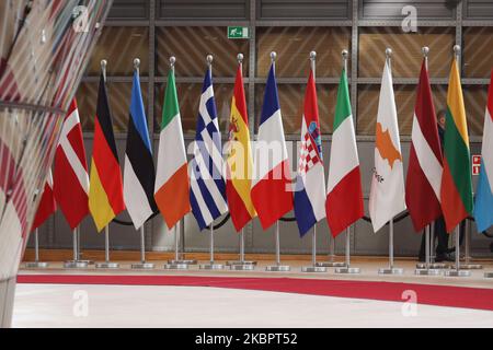 Drapeaux de l'Europe ou drapeau européen est le symbole du Conseil de l'Europe le Conseil de l'Europe et de l'Union européenne comme vu avec les drapeaux nationaux des nations européennes dans le bâtiment Forum Europa de la capitale belge Bruxelles. Le drapeau de l'UE a été conçu par Arsène Heitz et Paul M. G. Lévy. Bruxelles, Belgique - 21 février 2020 (photo de Nicolas Economou/NurPhoto) Banque D'Images