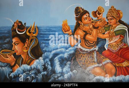 Fresque du Seigneur Siva (Seigneur Shiva) et de la déesse Parvati orne le temple hindou Arul Eswari Muhumariamman à Jaffna, au Sri Lanka, sur 15 août 2017. (Photo de Creative Touch Imaging Ltd./NurPhoto) Banque D'Images