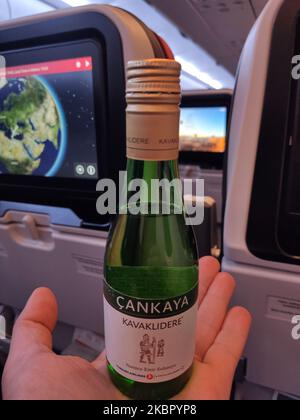 Repas à bord avec salade et sandwich de classe économique servi avec du lait, de l'eau, de l'ayran et un dessert. Vol avec Turkish Airlines pendant la période de pandémie du coronavirus COVID-19. Moins de passagers sont à bord dans un avion presque vide pour voler, tandis que les membres de l'équipage de cabine et les agents de bord portent des masques protecteurs. Le vol international TK 1843, du nouvel aéroport d'Istanbul en Turquie à la capitale Athènes en Grèce, est exploité par un nouvel avion moderne, sophistiqué et avancé, un Airbus A321neo avec enregistrement TC-LSN. (Photo de Nicolas Economou/NurPhoto) Banque D'Images