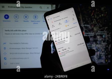 Dans cette photo d'illustration, la carte de Google est affichée sur un écran d'ordinateur portable à Tehatta, Nadia, Bengale-Occidental, Inde sur 9 juin 2020. Google ajoute des fonctionnalités à son service cartes pour alerter les utilisateurs des restrictions de voyage liées à COVID-19 afin des aider à mieux planifier leurs voyages. La mise à jour permettrait aux utilisateurs de vérifier la quantité de trains à un moment donné ou si les bus sur un certain itinéraire sont en cours d'exécution à un horaire limité. (Photo Illustration de Soumyabrata Roy/NurPhoto) Banque D'Images