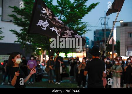 Les manifestants branle des drapeaux à la lecture de « Free Hong Kong, Revolution Now » lors d'une manifestation à Séoul, en Corée du Sud sur 12 juin 2020. Des dizaines d'étudiants de l'université coréenne et de Hong Kong ont assisté à la manifestation. (Photo de Chris Jung/NurPhoto) Banque D'Images