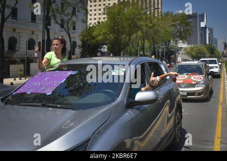 Un manifestant s'assoit à la fenêtre pendant la caravane de protestation contre le gouvernement du président mexicain Andres Manuel López Obrador (AMLO) sur 14 juin 2020 à Mexico, au Mexique. La manifestation a pris part dans plus de 100 villes du pays demandant sa démission. (Photo de Guillermo Gutiérrez/NurPhoto) Banque D'Images