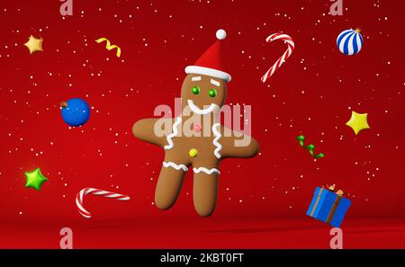 Cookie de Noël Gingerbread homme dans le chapeau de Santa lévitant chute de neige bannière 3D rendu arrière-plan rouge. Publicité de fête de Noël. Salutation du nouvel an Banque D'Images