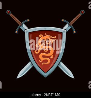 Bouclier avec dragon et épées croisées Illustration de Vecteur