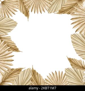 Cadre carré fleuri de style boho avec feuilles de palmier séchées. Aquarelle dessin à la main avec plantes tropicales bohème exotiques pour cartes de vœux ou modèles d'invitations sur fond isolé. Banque D'Images