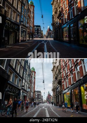 (COMBO) cette combinaison de photos créées sur 18 juillet 2020 comparer Amsterdam avec 23 mars. Cette photo montre comment le quartier commerçant d'Amsterdam regardait pendant le « verrouillage intelligent », où la plupart des gens travaillaient de chez eux, et le tourisme n'était pas autorisé dans le pays par rapport à l'apparence de la ville de nos jours, avec la plupart du tourisme et des gens de retour dans la ville. (Photo par Romy Arroyo Fernandez/NurPhoto) Banque D'Images