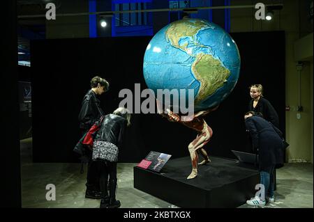 Milan, Italie - 4 novembre 2022 : visiteurs de l'exposition mondes du corps – le rythme de la vie organisée par le Dr Gunther von Hagens, le plastificateur, et la Dre Angelina Whalley, la conservatrice de la Stazione di Milano Centrale, montrant de vrais spécimens démontrant la complexité, la résilience et la vulnérabilité du corps humain. (Photo de Piero Cruciatti/Sipa USA) Banque D'Images