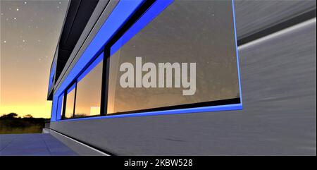 Fenêtre panoramique allongée éclairée par une lumière bleue. Reflet des branches des arbres vides et du ciel étoilé sur le miroir. 3d ren Banque D'Images