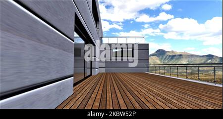 Magnifique terrasse donnant sur le paysage de montagne. Parquet. Façade avec revêtement en zinc. Portes coulissantes à miroir pratiques. 3d rendu. Banque D'Images