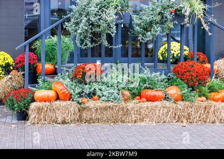 Halloween a décoré la porte d'entrée avec des citrouilles de différentes tailles et formes, des balles de paille et des fleurs d'automne. Banque D'Images