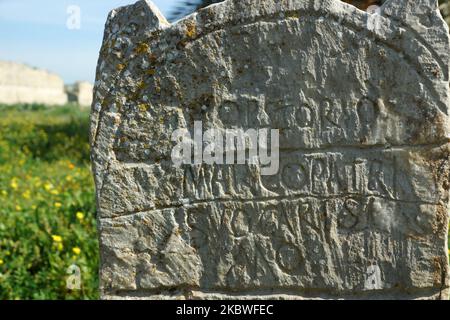 Inscriptions sur une dalle de pierre à l'entrée du site archéologique de Bulla Regia en Tunisie Banque D'Images