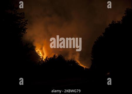 Forêt sur feu pendant la nuit dans le Parc National de Gran Sasso, Italie, sur 31 juillet 2020. Un très grand incendie s'est produit hier à Arischia, en Italie, le 30 juillet 2020. incendie de forêt. Le feu a créé beaucoup de soucis depuis le début, car depuis le début la situation était assez préoccupante. Hier, cinq Canadair et un hélicoptère de la région étaient présents sur place. Les opérations d'extinction d'en haut ont été terminées en raison de l'arrivée de la nuit vers 8:30.le front est assez étendu et pendant la nuit les flammes ont allumé les montagnes, même bien visible de la ville de l'AQ Banque D'Images