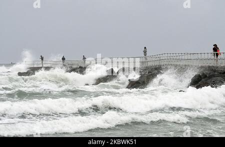 Les vagues s'écrasont sur la jetée du parc Lighthouse point alors que la tempête tropicale Isaías se déplace sur la côte atlantique de 2 août 2020 à Ponce Inlet, en Floride. Après l'affaiblissement d'un ouragan de catégorie 1, Isaias a continué d'apporter de la pluie et des vents violents à la côte de la Floride, causant l'érosion des plages et des coupures de courant à des milliers de maisons. (Photo de Paul Hennessy/NurPhoto) Banque D'Images