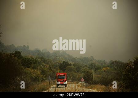 Un énorme feu de forêt est burnig entre les villages de Balgarin, Rogozinovo et la ville de Kharmanli, Bulgarie, qui sont situés à environ 30 kilomètres de la frontière bulgare-turque et le point de passage de Kapitan Andreevo et à 270 kilomètres de la capitale bulgare de Sofia. L'incendie de hude a fermé l'autoroute internationale Maritsa et maintenant avec l'incendie se battent plus de 300 personnes, les pompiers, l'armée, les volontaires et les gens des villages travaillent sur place. Au cours des deux dernières semaines, des incendies ont détruit plus de 30 000 acres, Kharmanli, Bulgarie sur 07 août 2020 (photo de Hristo Banque D'Images