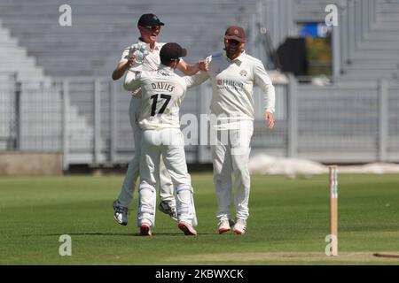 George Balderson de Lancashire célèbre après avoir lancé Gareth Harte de Durham avec un succès direct lors du match de Bob Willis Trophy entre Durham County Cricket Club et Lancashire à Emirates Riverside, Chester le Street, le samedi 8th août 2020. (Photo de Mark Fletcher/MI News/NurPhoto) Banque D'Images