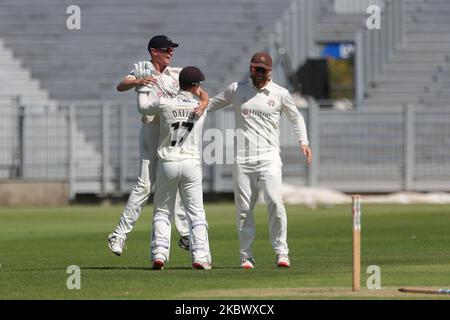 George Balderson de Lancashire célèbre après avoir lancé Gareth Harte de Durham avec un succès direct lors du match de Bob Willis Trophy entre Durham County Cricket Club et Lancashire à Emirates Riverside, Chester le Street, le samedi 8th août 2020. (Photo de Mark Fletcher/MI News/NurPhoto) Banque D'Images