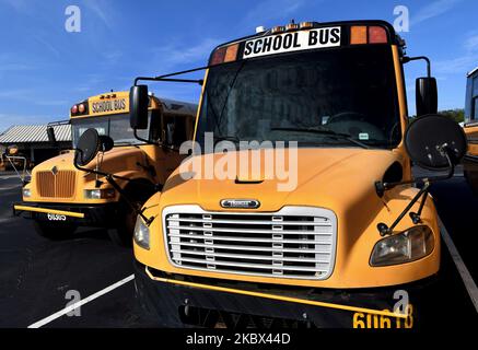 Les autobus scolaires sont garés au centre de transport de Winter Springs des écoles publiques du comté de Seminole à 13 août 2020, à Winter Springs, Floride, États-Unis. Lorsque les écoles du comté rouvriront à 17 août 2020, les autobus seront limités à environ la moitié de leur capacité pour permettre aux élèves de se tenir à distance au fur et à mesure que la pandémie du coronavirus se poursuit. (Photo de Paul Hennessy/NurPhoto) Banque D'Images