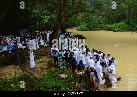 Les fidèles de la déesse Osun participent au festival annuel Osun-Osogbo à Osogbo, dans le sud-ouest du Nigeria, sur 14 août 2020. (Photo par Olukayode Jaiyeola/NurPhoto) Banque D'Images