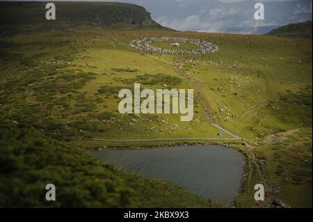 La fraternité blanche en Bulgarie marque le début de la nouvelle année du devine dans la montagne de Rila. Le rassemblement traditionnel de la Fraternité Blanche a eu lieu dans la montagne bulgare de Rila, près du lac de Babreka. Le fondateur de la fraternité est Petar Danov. Selon ses enseignements, le 19 août Th marque le début de la nouvelle année du devine. La collecte est toujours basée sur la danse paneurythmy dite. Il a lieu dans la montée du soleil. La fraternité blanche mondiale est fondée au début du 20 e siècle par le petar Danov bulgare. Sa philosophie contient l'exotisme chrétien combiné avec pra Banque D'Images