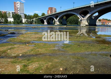 La Garonne est proche de son niveau record en raison d'un manque de pluie depuis le début de 2020 et d'une chaleur brûtante pendant plusieurs périodes de chaleur de pointe. En conséquence, la Garonne est eutrophisée. En raison du niveau d'eau bas, des déchets apparaissent sur le lit de la rivière. Le Service météorologique national (Meteofrance) a annoncé que juillet a été le mois le plus sec jamais enregistré en France depuis 1959 et que le premier semestre de 2020 a été le plus chaud depuis le début des records. Sur 18 août 2020 à Toulouse, France. (Photo d'Alain Pitton/NurPhoto) Banque D'Images