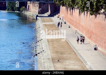 Les gens marchent sur les rives de la Garonne et toute l'herbe est morte. La Garonne est proche de son niveau record en raison d'un manque de pluie depuis le début de 2020 et d'une chaleur brûtante pendant plusieurs périodes de chaleur de pointe. En conséquence, la Garonne est eutrophisée. En raison du niveau d'eau bas, des déchets apparaissent sur le lit de la rivière. Le Service météorologique national (Meteofrance) a annoncé que juillet a été le mois le plus sec jamais enregistré en France depuis 1959 et que le premier semestre de 2020 a été le plus chaud depuis le début des records. Sur 18 août 2020 à Toulouse, France. (Photo d'Alain Pitto Banque D'Images