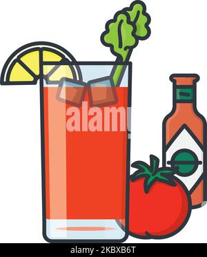 Cocktail Bloody Mary avec morceau de citron et branche de céleri, tomate et bouteille de sauce chaude pour le jour de la Marie sanglante sur l'illustration vectorielle isolée 1 janvier Illustration de Vecteur