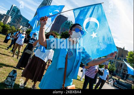 Une femme ouïghour porte un drapeau ouïghour, lors de la manifestation "liberté pour les ouïghours" à la Haye, pays-Bas, sur 20 août 2020. (Photo par Romy Arroyo Fernandez/NurPhoto) Banque D'Images