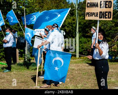 Une femme tient un écriteau contre la Chine, lors de la manifestation "liberté pour les ouïghours" à la Haye, pays-Bas sur 20 août 2020. (Photo par Romy Arroyo Fernandez/NurPhoto) Banque D'Images