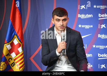 Le nouveau joueur du FC Barcelone Pedro Gonzalez Lopez 'Pedri' lors de la conférence de presse lors de son dévoilement au Camp Nou sur 20 août 2020 à Barcelone, Espagne. (Photo de Noelia Deniz/Urbanandsport /NurPhoto) Banque D'Images