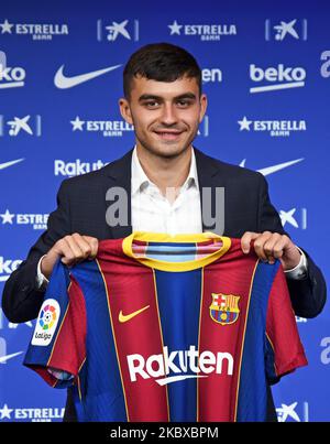 Le nouveau joueur du FC Barcelone Pedro Gonzalez Lopez 'Pedri' lors de la conférence de presse lors de son dévoilement au Camp Nou sur 20 août 2020 à Barcelone, Espagne. (Photo de Noelia Deniz/Urbanandsport /NurPhoto) Banque D'Images