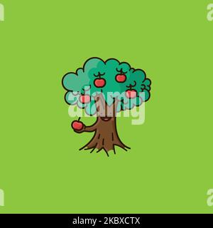 Pommier kawaii souriant offrant une illustration vectorielle de fruits pour la Journée des pommiers sur 6 janvier Illustration de Vecteur
