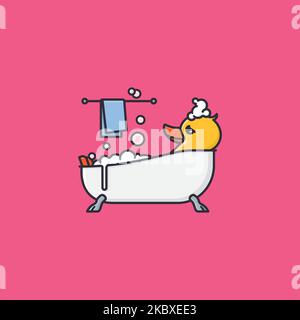 Canard jaune se détendant dans une baignoire dessin animé illustration vectorielle pour la journée de bain à bulles sur 8 janvier Illustration de Vecteur