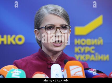 Cette photo prise le 2 avril 2019 montre le chef du parti politique 'Batkivshchyna' et l'ancien Premier ministre ukrainien Yulia Timochenko, qui a pris la parole lors d'une conférence de presse à Kiev, en Ukraine. Yulia Timoshenko a été testée positive pour le coronavirus COVID-19 et elle est dans un état grave, comme l'a indiqué Maryna Soroka, attachée de presse de Timochenko sur sa page Facebook le 23 août 2020. (Photo par STR/NurPhoto) Banque D'Images