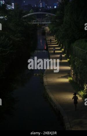 Une vue de la promenade de Cheonggyecheon à Séoul, en Corée du Sud, sur 25 août 2020.le nombre de nouveaux cas quotidiens de coronavirus en Corée du Sud est resté en dessous de 300 pour la deuxième journée consécutive mardi, mais les autorités sanitaires ont averti que le pays était au bord d'une pandémie nationale en raison de la poursuite des transmissions de virus liés à l'église et d'un nombre croissant de patients présentant des voies d'infection inconnues. Le pays a signalé 280 nouveaux cas de COVID-19, dont 264 infections locales, ce qui porte le nombre total de cas à 17 945, selon les centres coréens de contrôle et de prévention des maladies (KCDC). (Photo de Seung-il Banque D'Images