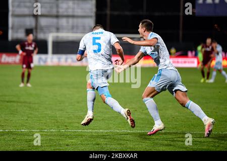 Arijan Ademi, de Dinamo Zagreb, célèbre après avoir obtenu 1-0 points pendant le cours CFR 1907 Cluj contre Dinamo Zagreb Champions League, deuxième cycle de qualification, au stade Constantin Radulescu sur 26 août 2020 à Cluj-Napoca, Roumanie. (Photo de Flaviu Buboi/NurPhoto) Banque D'Images