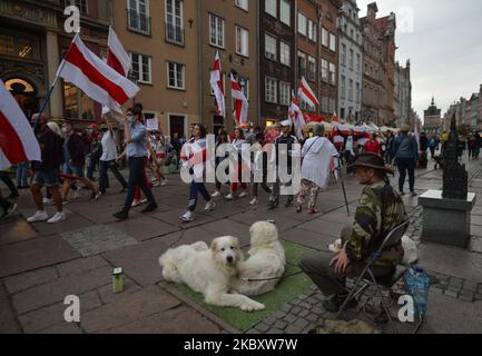 Des membres de la diaspora bélarussienne de la région de Gdansk et des supporters locaux ont participé ce soir à une « Marche de solidarité avec le Bélarus » pour exprimer leur solidarité avec le peuple biélorusse. Sur 30 août 2020, à Gdansk, en Pologne. (Photo par Artur Widak/NurPhoto) Banque D'Images