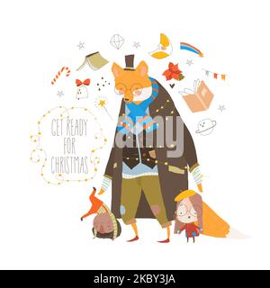 Carte de Noël avec renard amusant portant un manteau et appréciant les enfants Illustration de Vecteur