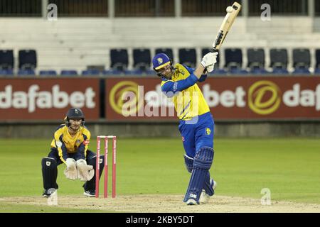 Graham Clark, de Durham, dans le cadre du match Blast de Vitality T20 entre le club de cricket du comté de Durham et le club de cricket du comté de Yorkshire à Emirates Riverside, Chester le Street, Angleterre, on 4 septembre 2020. (Photo de Robert Smith/MI News/NurPhoto) Banque D'Images