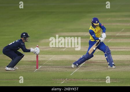 Graham Clark de Durham battant pendant le match de Blast Vitality T20 entre le Durham County Cricket Club et le Derbyshire County Cricket Club à Emirates Riverside, Chester le Street, Angleterre, le vendredi 11th septembre 2020. (Photo de Mark Fletcher/MI News/NurPhoto) Banque D'Images