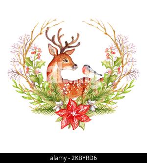 Joli cerf et bullfinch dans la couronne de Noël avec plantes d'hiver, branches, arbre de Noël. Illustration aquarelle dessinée à la main. Pour cartes, décor, christ Banque D'Images