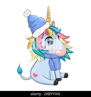 Jolie licorne dans un chapeau et un foulard, en hiver. Nouvel an et vacances de Noël Illustration de Vecteur