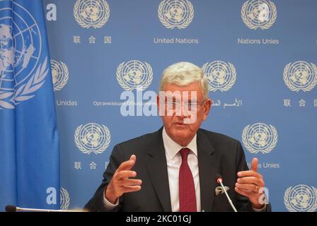 Le nouveau Président de l'Assemblée générale des Nations Unies, Volkan Bozk?r, a tenu la première conférence de presse au Siège de New York, aux États-Unis, sur l'15 septembre 2020. (Photo de Selcuk Acar/NurPhoto) Banque D'Images